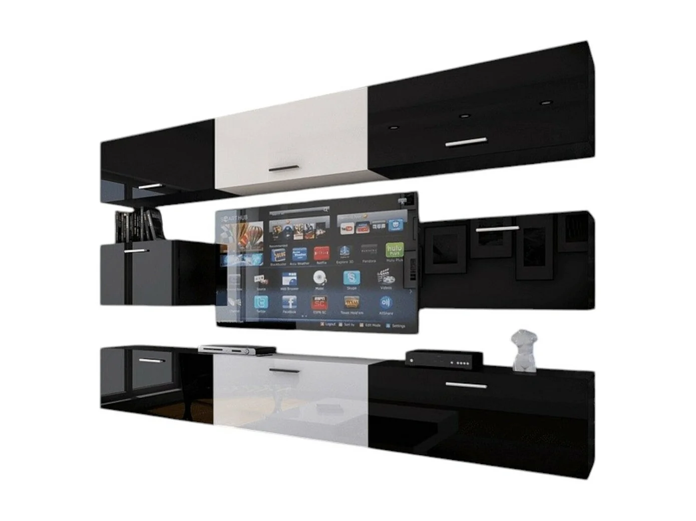 Conjunto de muebles de salón colgantes en negro y blanco de la colección CEPTO VII de 249 cm, 8 puertas, modulares, centro en blanco.