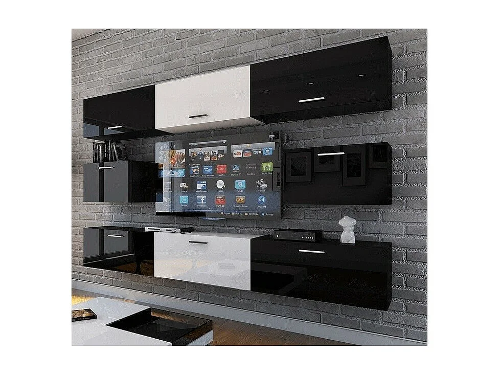 Conjunto de muebles de salón colgantes en negro y blanco de la colección CEPTO VII de 249 cm, 8 puertas, modulares, centro en blanco.