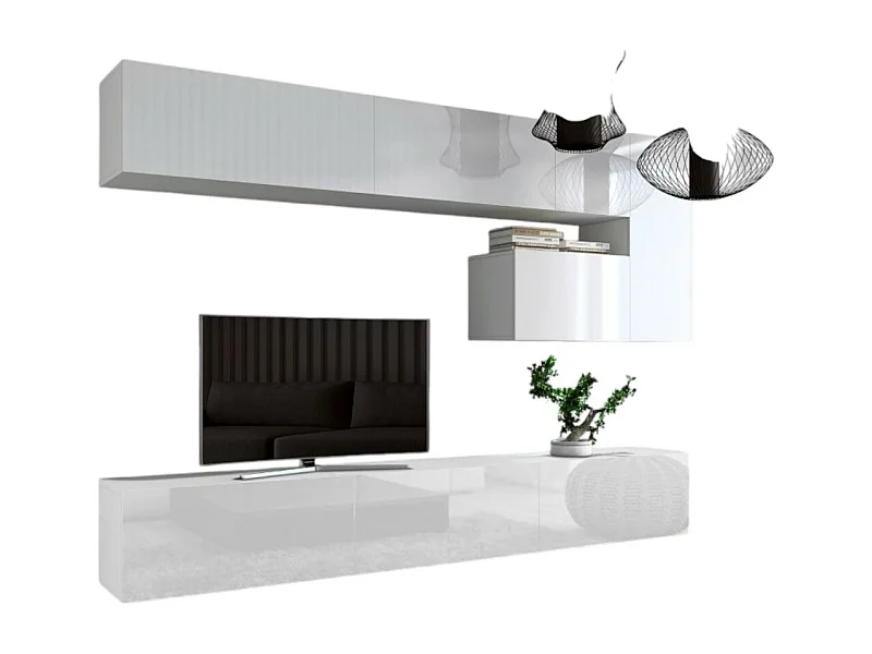 Conjunto de muebles de salón suspendidos blancos colección CEPTO XV. 249cm, 8 muebles, leds.