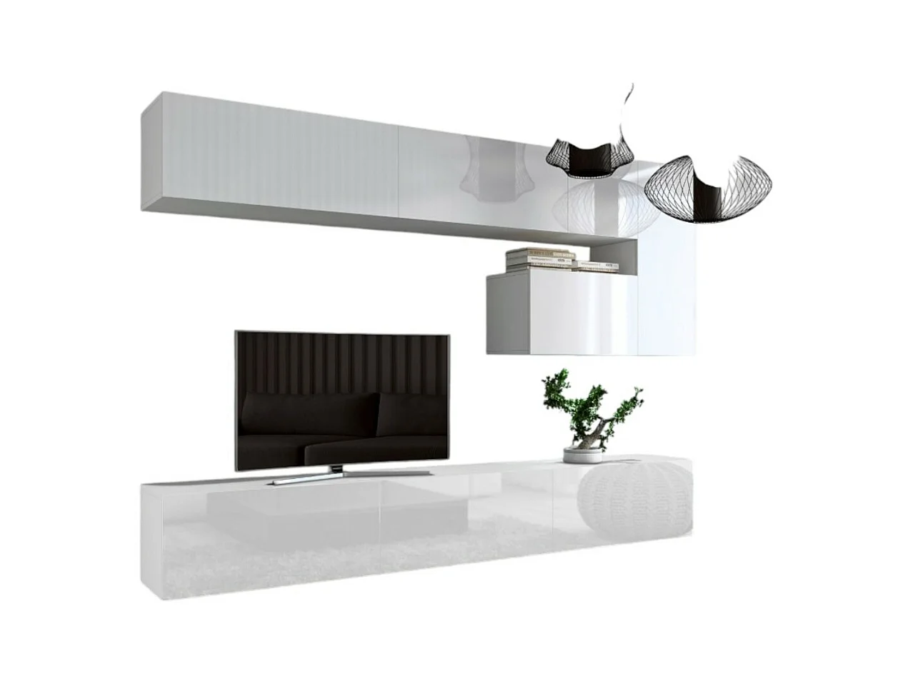 Ensemble meubles de salon suspendus blanc collection CEPTO XV. 249cm, 8 meubles, leds.