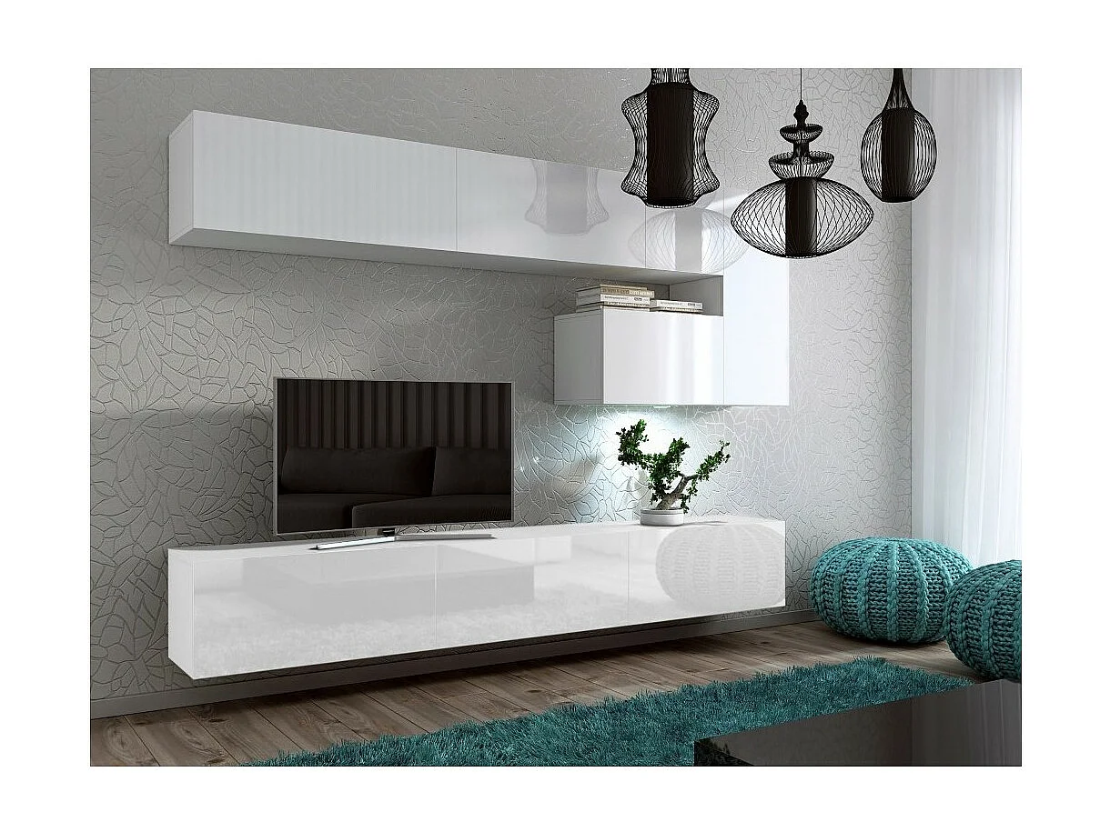 Schwebende Wohnzimmermöbelset Weiß, Kollektion CEPTO XV. 249cm, 8 Möbelstücke, LEDs.