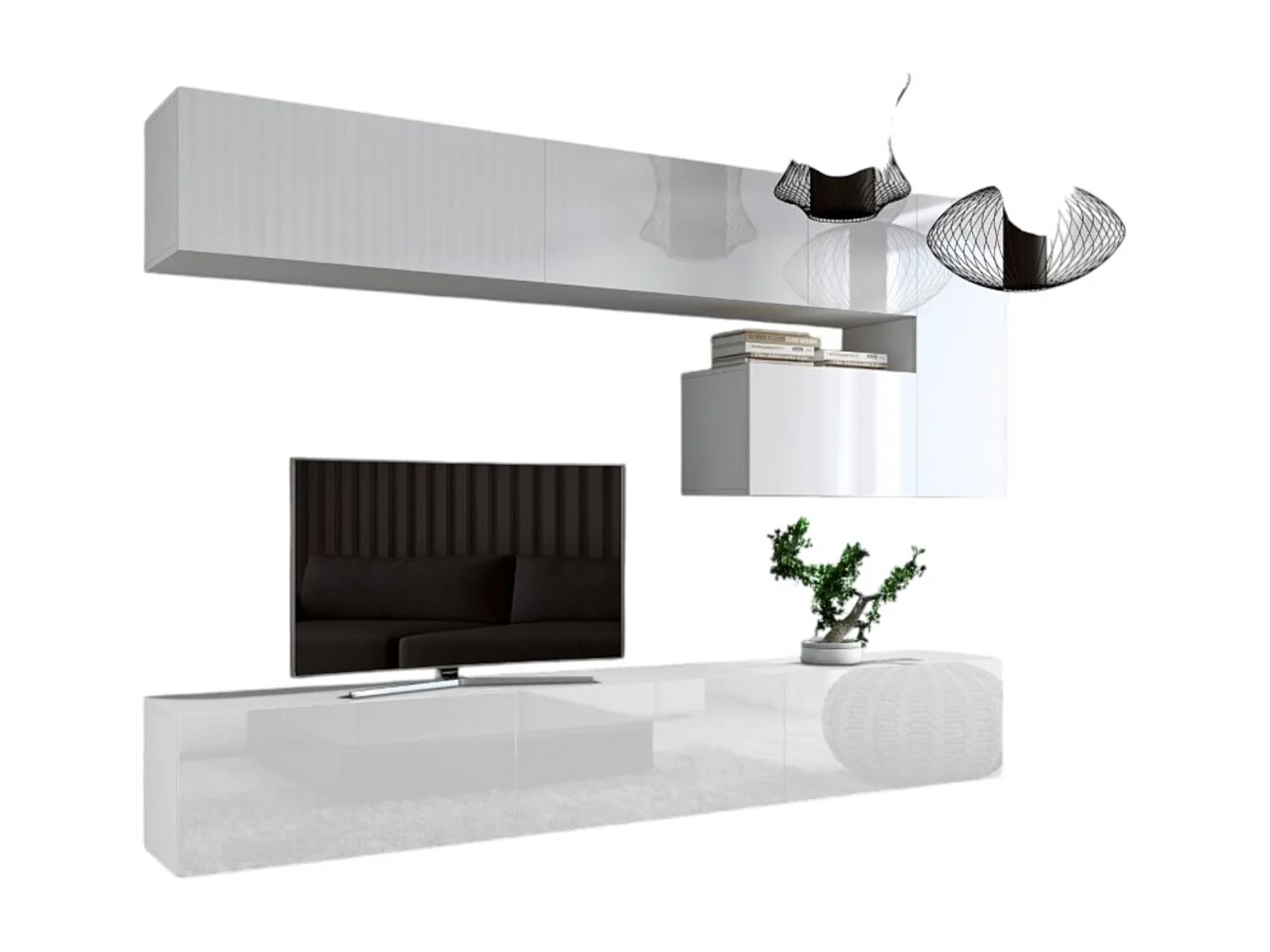 Ensemble meubles de salon suspendus blanc collection CEPTO XV. 249cm, 8 meubles, leds.