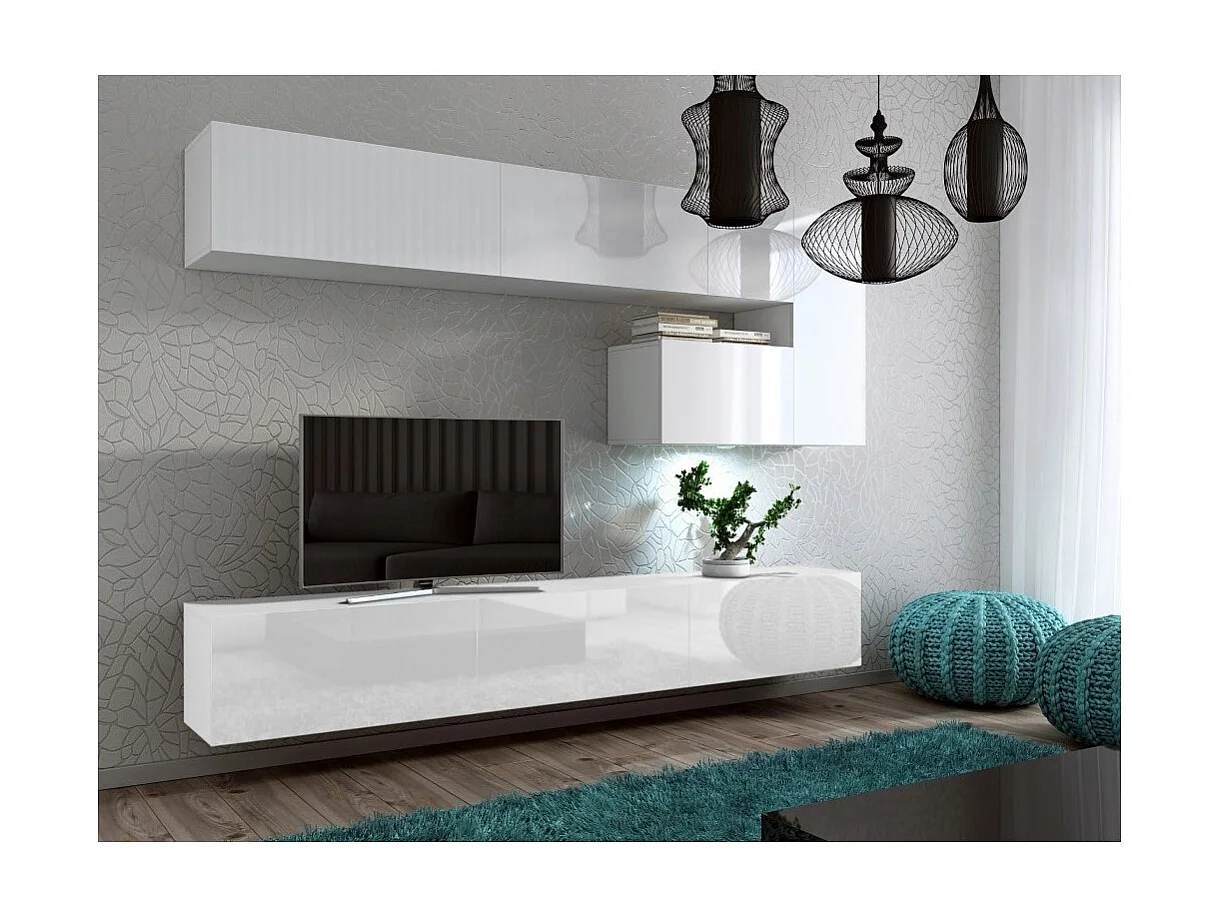 Ensemble meubles de salon suspendus blanc collection CEPTO XV. 249cm, 8 meubles, leds.
