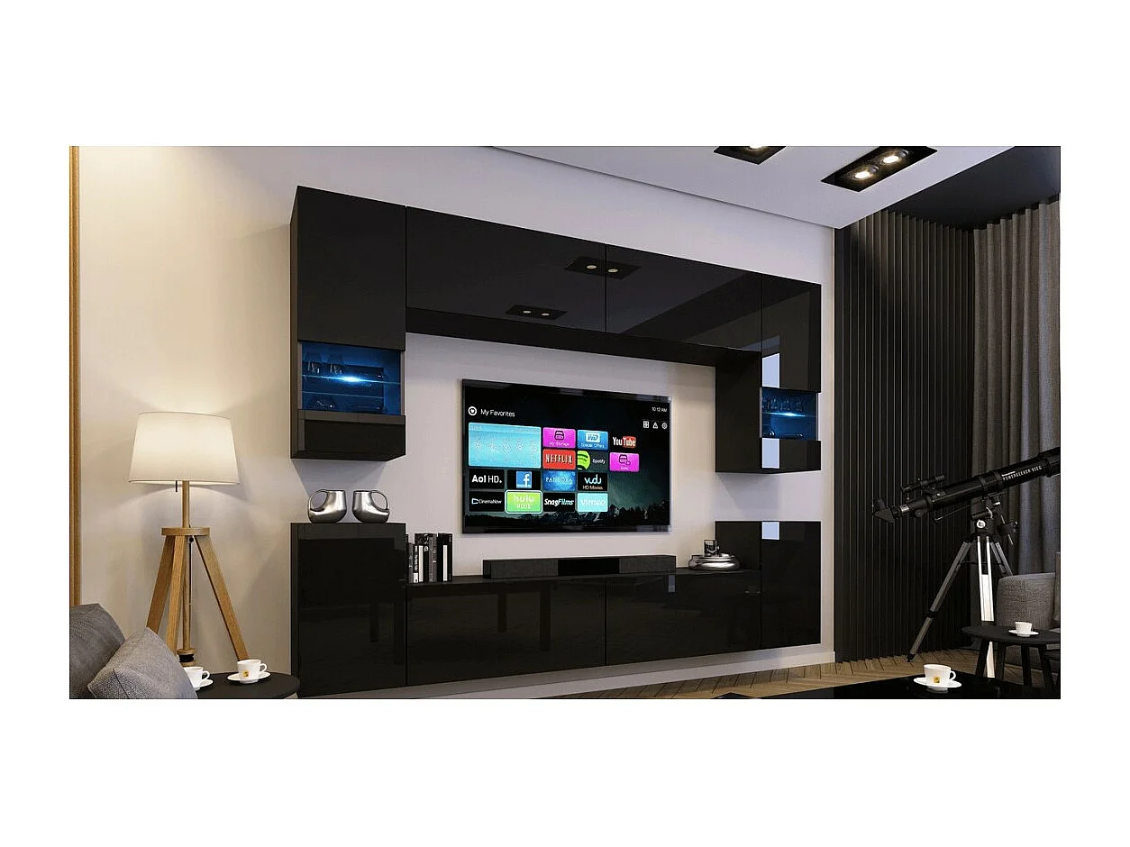 Conjunto de muebles de sala negro, colgantes colección CEPTO XXVII. 240cm, 8 muebles, leds, modulares.