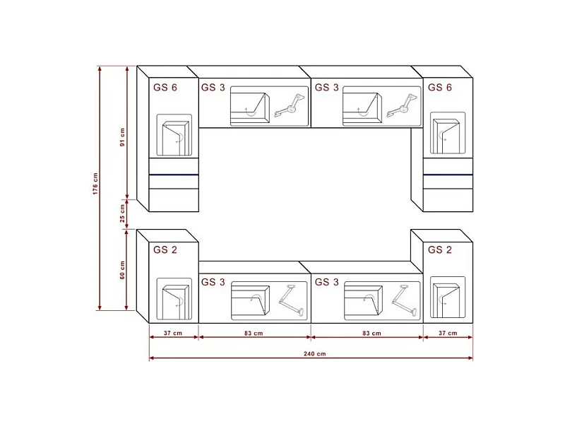 Conjunto de muebles de sala negro, colgantes colección CEPTO XXVII. 240cm, 8 muebles, leds, modulares.