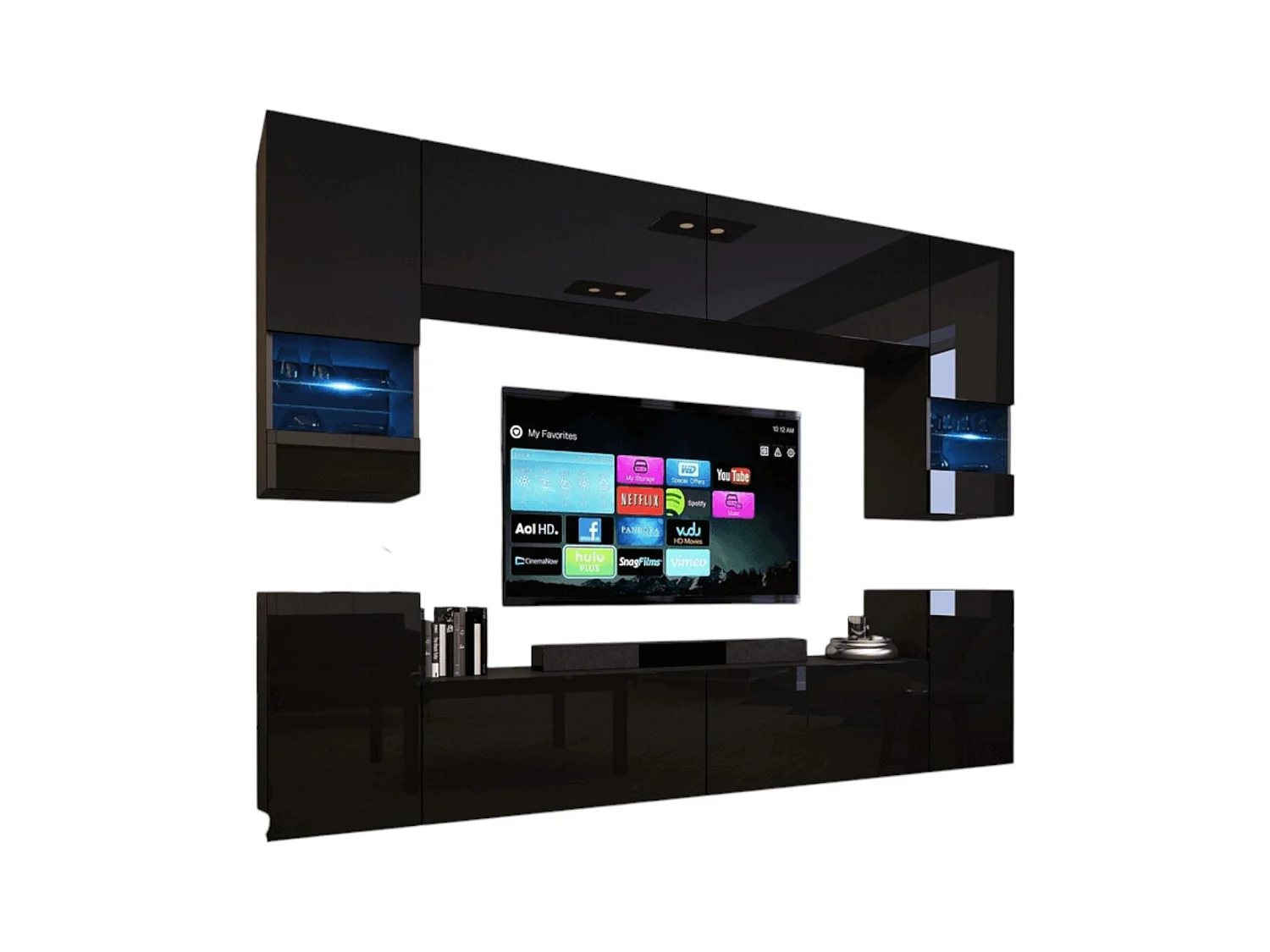 Ensemble de meubles de salon noir, suspendus collection CEPTO XXVII. 240cm, 8 meubles, leds, modulables.