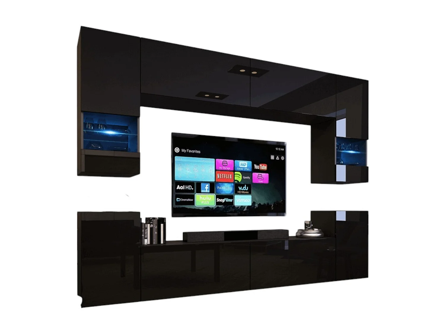 Zwarte woonkamer meubelset, hangend, collectie CEPTO XXVII. 240cm, 8 meubels, ledverlichting, modulair.