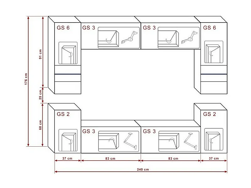 Zwarte woonkamer meubelset, hangend, collectie CEPTO XXVII. 240cm, 8 meubels, ledverlichting, modulair.
