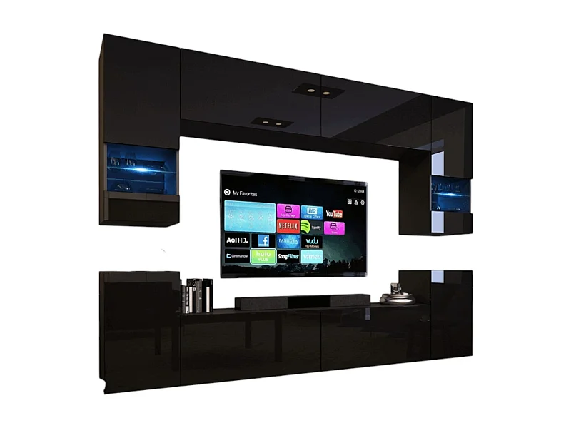Zwarte woonkamer meubelset, hangend, collectie CEPTO XXVII. 240cm, 8 meubels, ledverlichting, modulair.