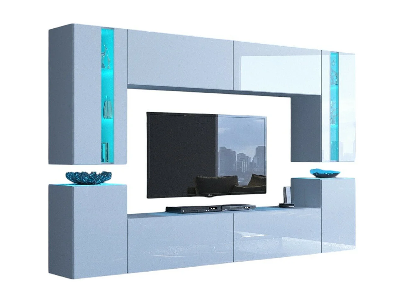 Ensemble de meubles de salon blanc suspendus collection CEPTO XXIV. 256cm, 8 meubles, leds, modulables.