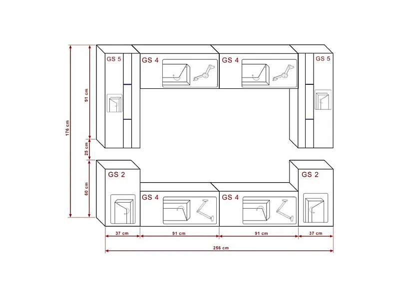 Ensemble de meubles de salon blanc suspendus collection CEPTO XXIV. 256cm, 8 meubles, leds, modulables.