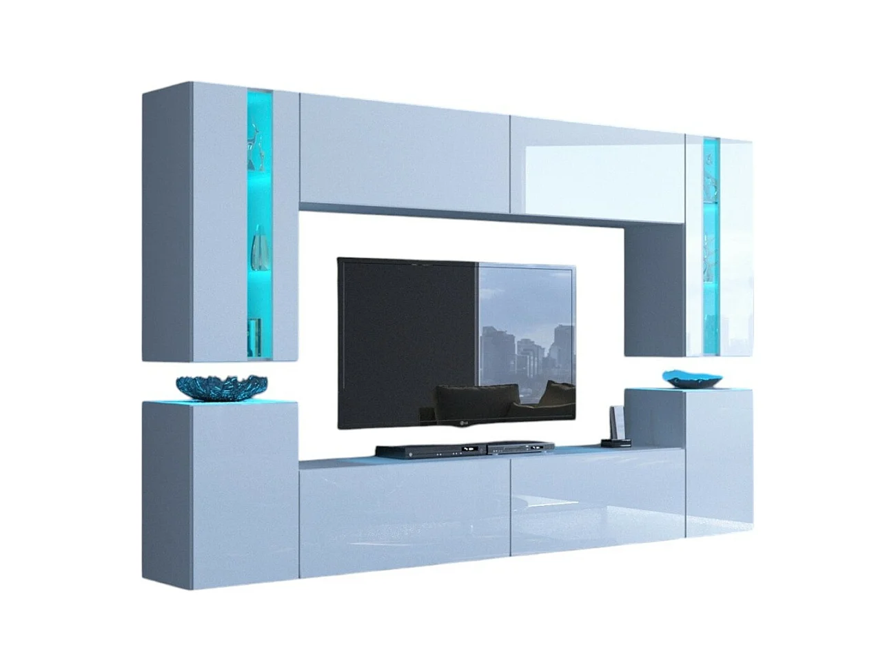 Ensemble de meubles de salon blanc suspendus collection CEPTO XXIV. 256cm, 8 meubles, leds, modulables.