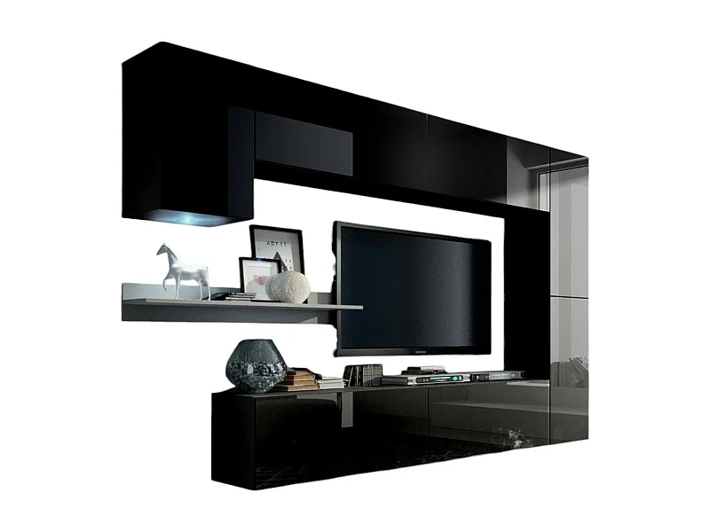 Conjunto de móveis de sala de estar pretos, coleção CEPTO VI 256cm, com 7 portas, prateleira de parede branca, LEDs, modulares.
