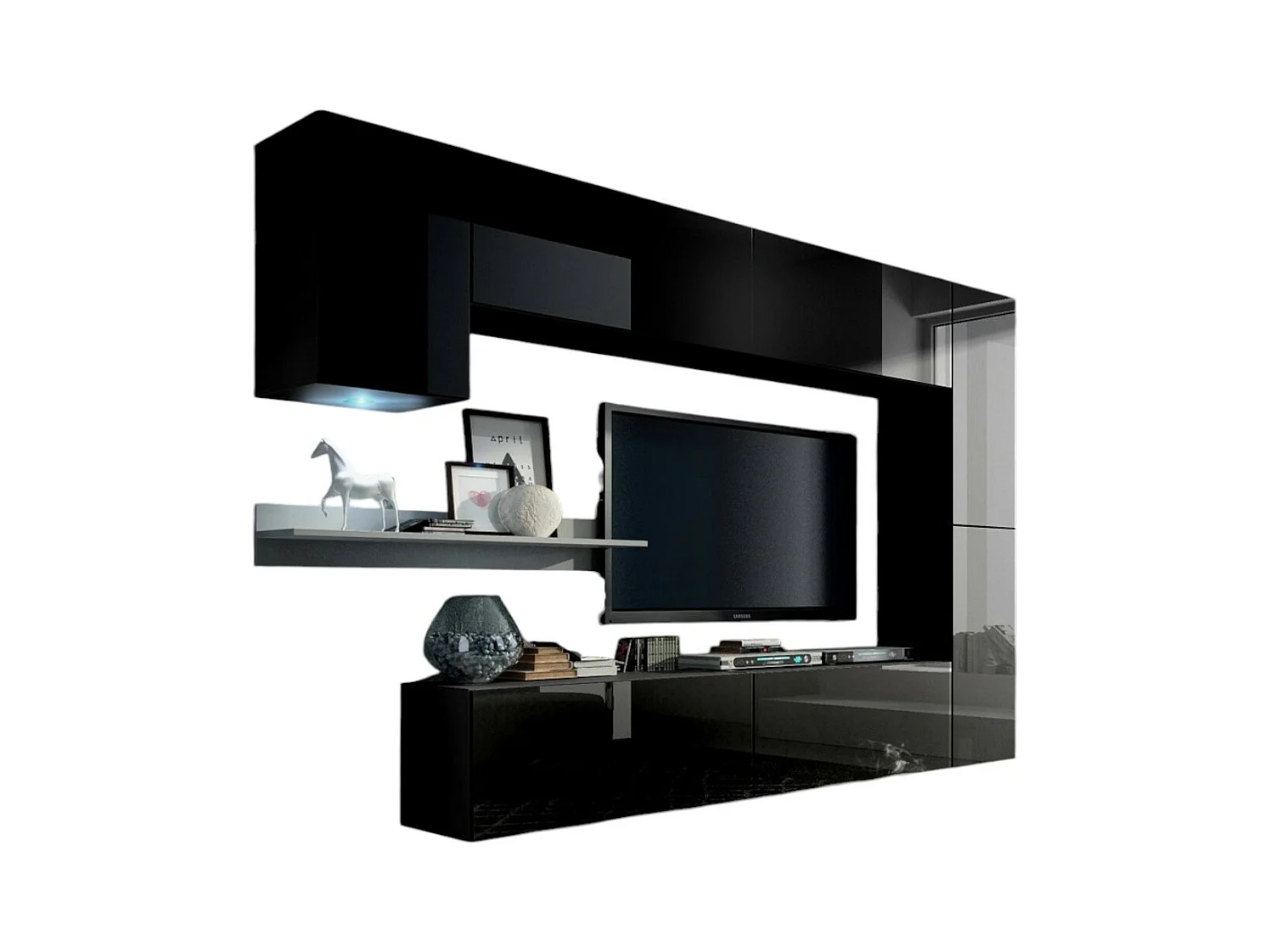 Zwarte zwevende woonkamermeubelset uit de CEPTO VI collectie 256cm, 7 deuren, witte wandplank, ledverlichting, modulair.