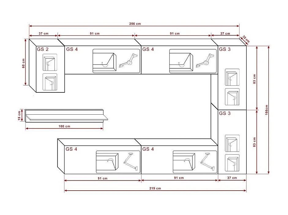 Ensemble de meubles de salon noir suspendus collection CEPTO VI 256cm, 7 portes, étagère murale blanche, leds, modulables.