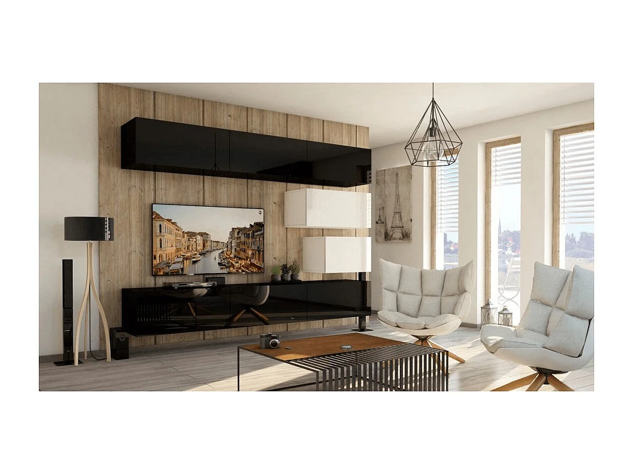 Schwarz-Weißes Wohnzimmermöbelset, hängend, Kollektion CEPTO XVI, 249 cm, 8 modulare Möbelstücke.