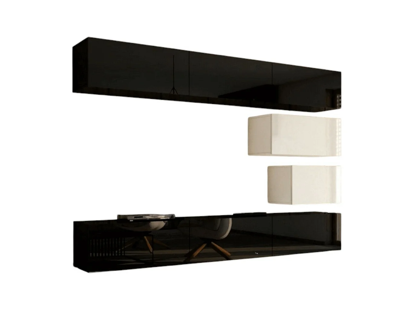 Ensemble de meubles de salon noir et blanc suspendus collection CEPTO XVI 249cm, 8 meubles, modulables.