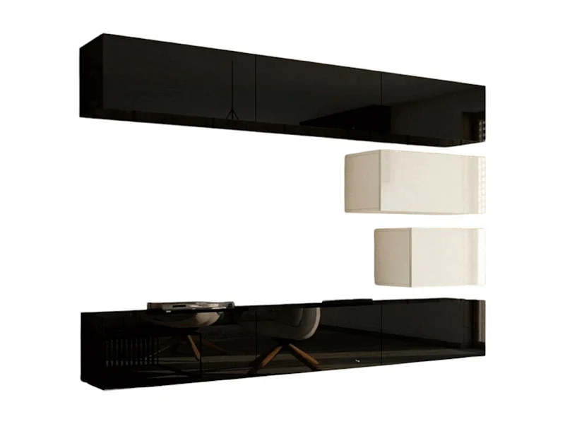 Conjunto de móveis de sala de estar preto e branco suspensos coleção CEPTO XVI 249cm, 8 móveis, modulares.