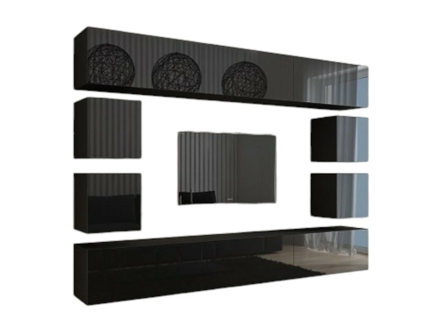 Set di mobili da soggiorno neri sospesi collezione CEPTO XVII 249cm, 10 pezzi, con LED, modulari.