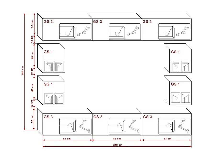 Set di mobili da soggiorno neri sospesi collezione CEPTO XVII 249cm, 10 pezzi, con LED, modulari.