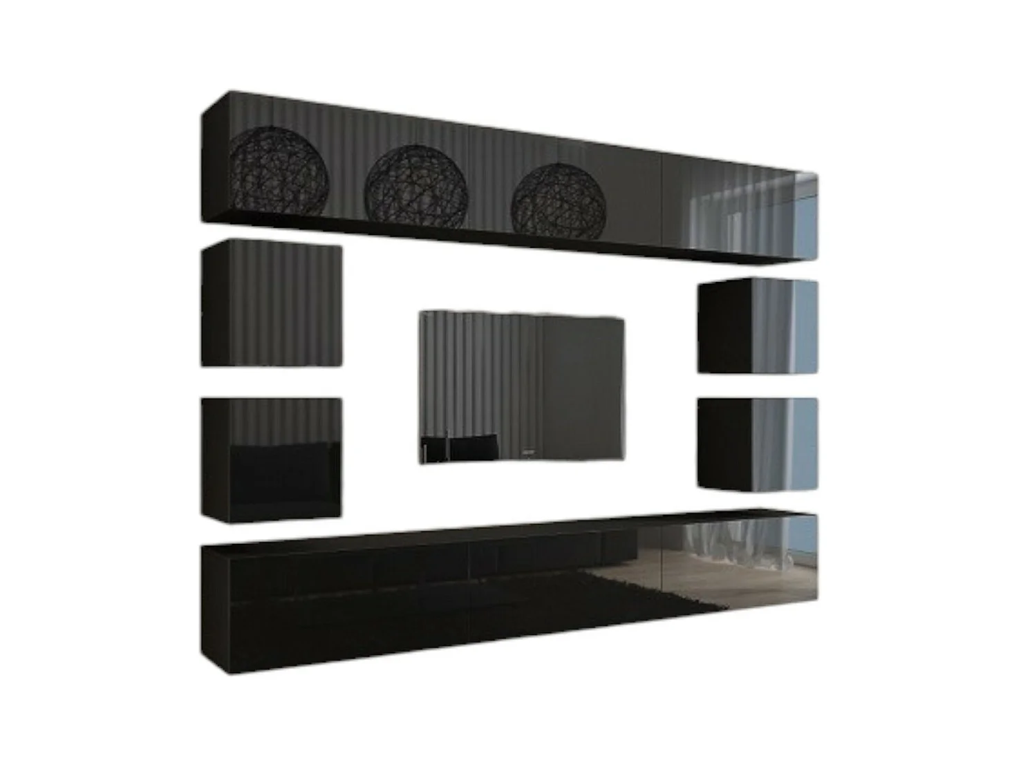 Ensemble de meubles de salon noir suspendus collection CEPTO XVII 249cm, 10 meubles, leds, modulables.