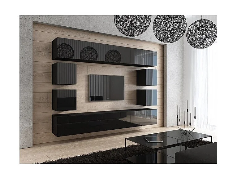 Zwarte zwevende woonkamermeubelset collectie CEPTO XVII 249cm, 10 meubelstukken, ledverlichting, modulair.