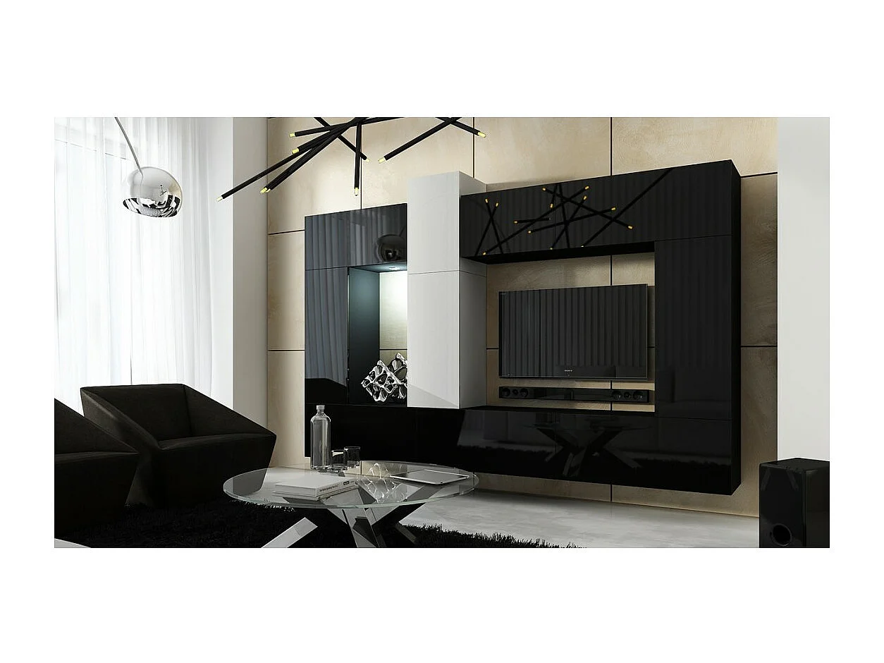 Ensemble de meubles de salon noir et blanc suspendus collection CEPTO XXII. 273cm, 10 meubles, leds, modulables.