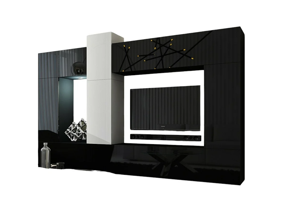 Ensemble de meubles de salon noir et blanc suspendus collection CEPTO XXII. 273cm, 10 meubles, leds, modulables.