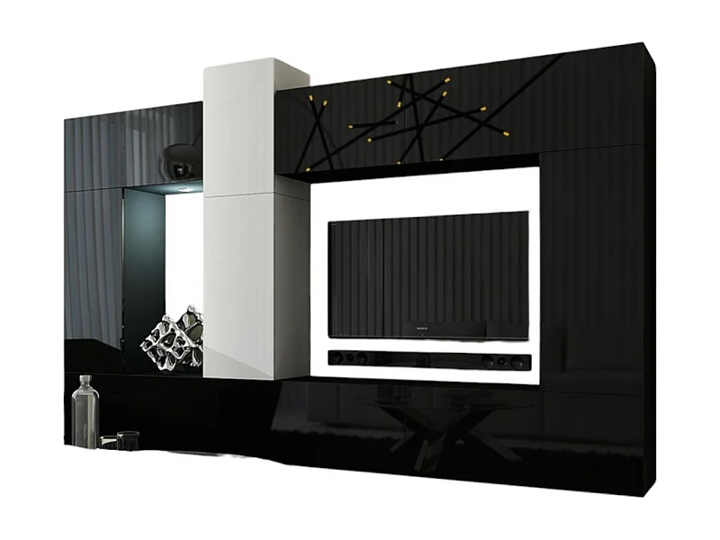 Zwart-witte hangende woonkamerset CEPTO XXII collectie. 273 cm, 10 meubels, leds, modulair.