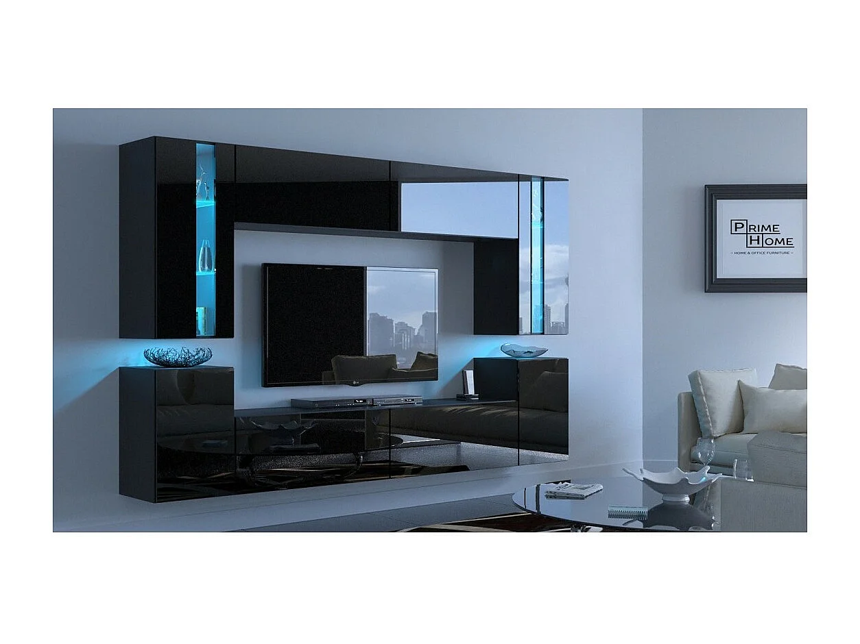 Zwarte zwevende woonkamer meubelset uit de CEPTO XXIV collectie. 256cm, 8 meubelen, ledverlichting, modulair.