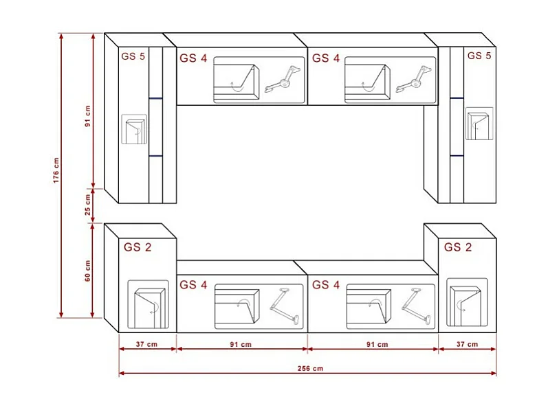 Zwarte zwevende woonkamer meubelset uit de CEPTO XXIV collectie. 256cm, 8 meubelen, ledverlichting, modulair.