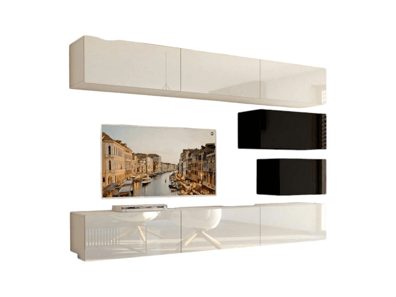 Ensemble de meubles de salon blanc et noir suspendus collection CEPTO XVI 249cm, 8 meubles, modulables.