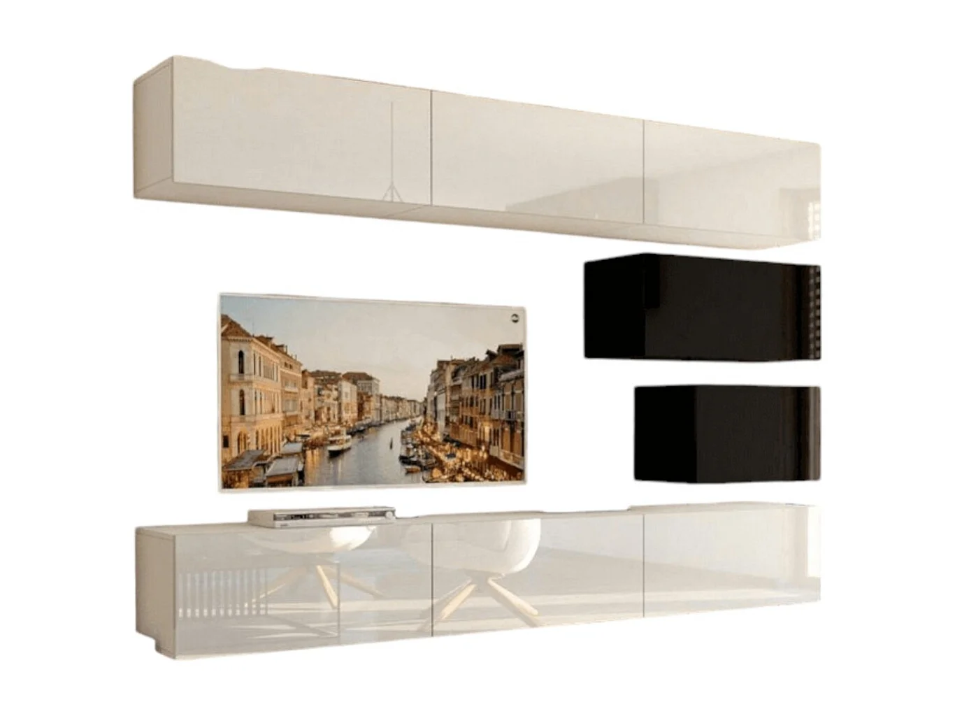 Woonkamerset in zwart en wit, hangend, collectie CEPTO XVI 249cm, 8 meubelstukken, modulair.