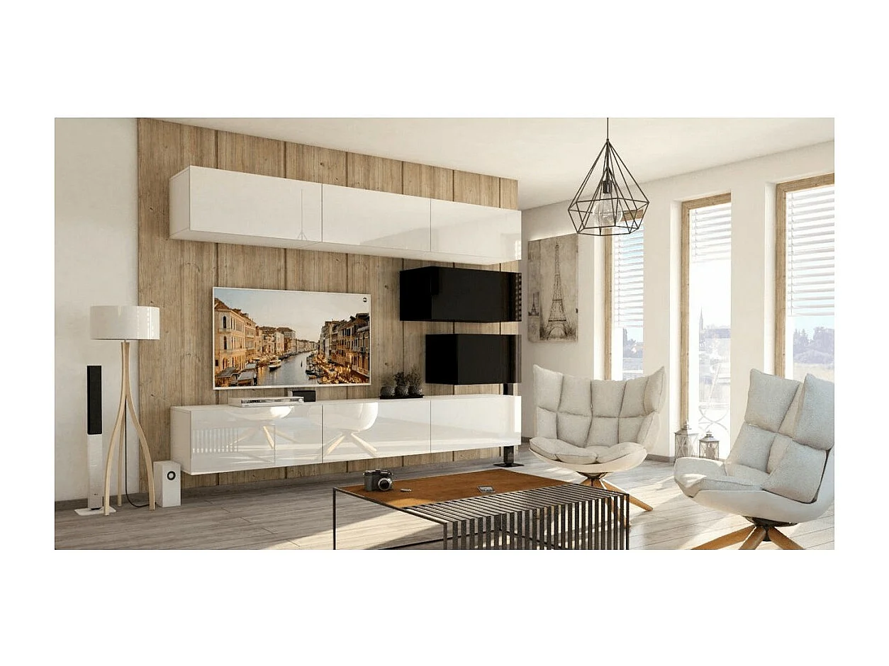 Woonkamerset in zwart en wit, hangend, collectie CEPTO XVI 249cm, 8 meubelstukken, modulair.