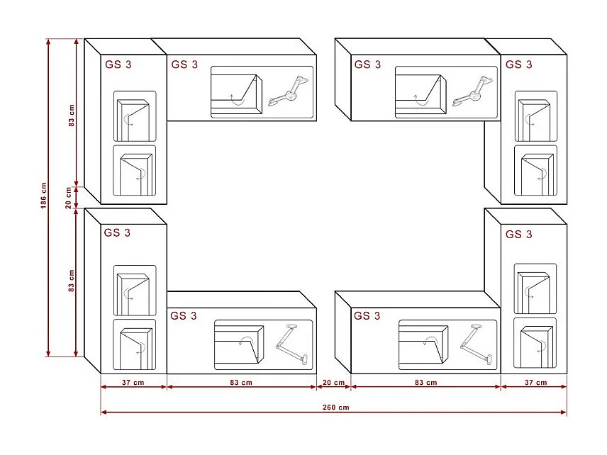 Conjunto de muebles de sala blancos colgantes colección CEPTO XX 260cm, 8 muebles, leds, modulares.