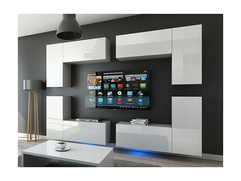 Ensemble de meubles de salon blanc suspendus collection CEPTO XX 260cm, 8 meubles, leds, modulables.