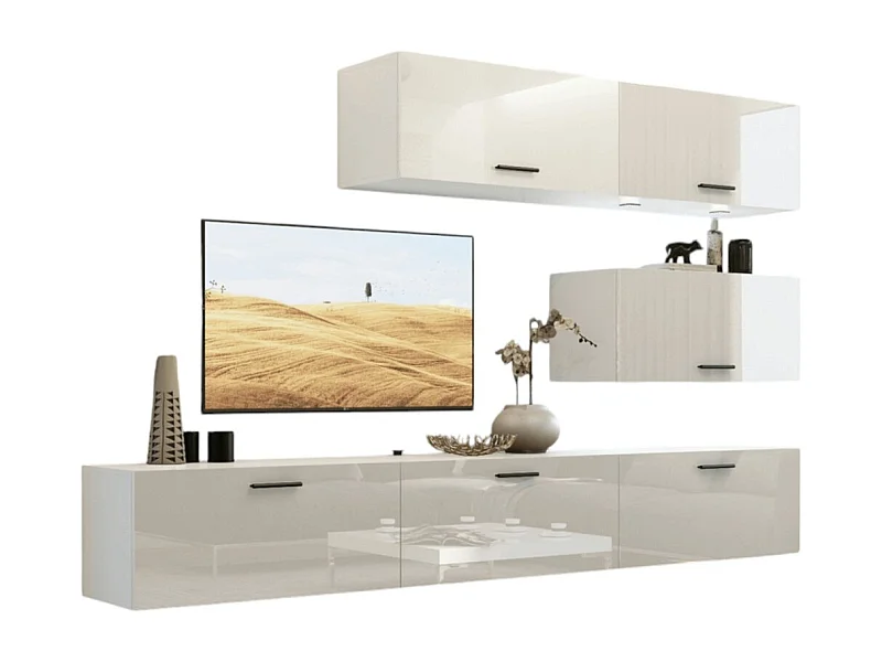 Hängendes Wohnzimmermöbelset in Weiß, Kollektion CEPTO XXV. 249cm, 6 Möbelstücke, LED, modulierbar.