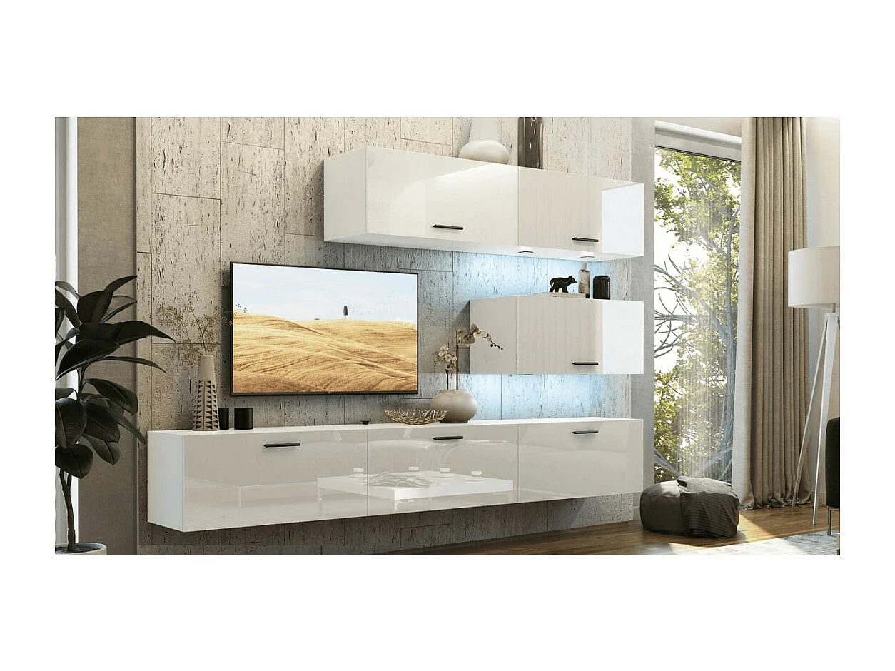 Conjunto de muebles de sala blancos colgantes colección CEPTO XXV. 249cm, 6 muebles, leds, modulares.