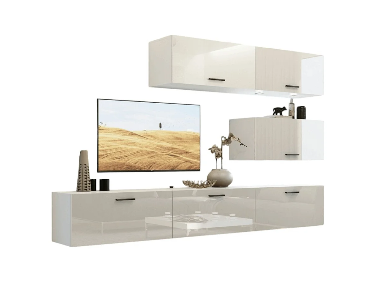 Ensemble de meubles de salon blanc suspendus collection CEPTO XXV. 249cm, 6 meubles, leds, modulables.