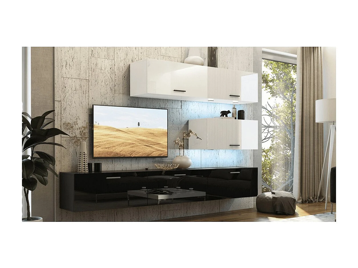 Conjunto de muebles de sala blanco y negro, colgantes colección CEPTO XXV. 249cm, 6 muebles, leds, modulares.