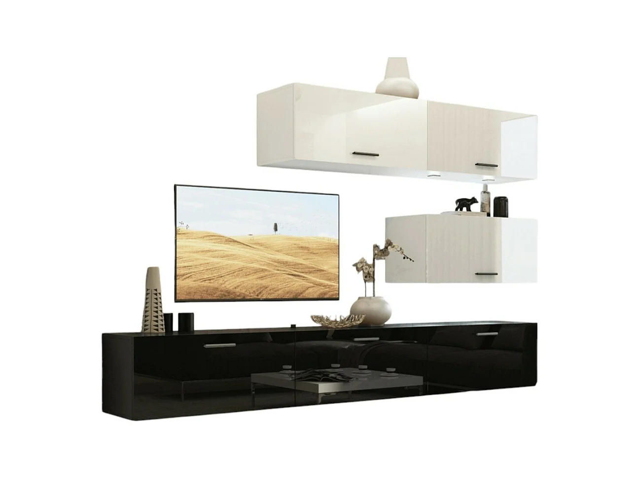 Witte en zwarte woonkamer meubelset, zwevend, collectie CEPTO XXV. 249cm, 6 meubels, leds, modulair.