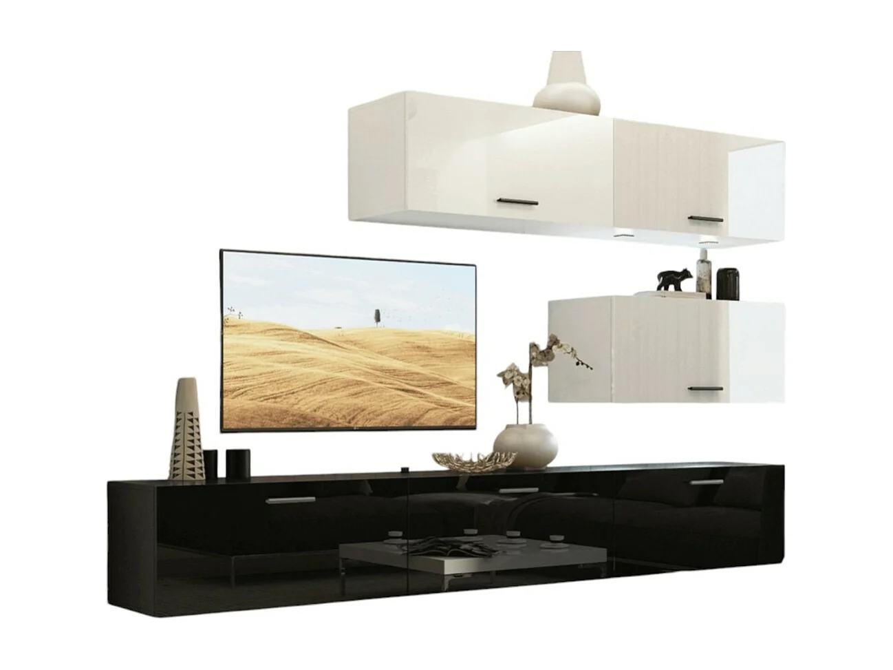 Conjunto de móveis para sala de estar branco e preto, suspensos, coleção CEPTO XXV. 249cm, 6 móveis, com LEDs, modulares.