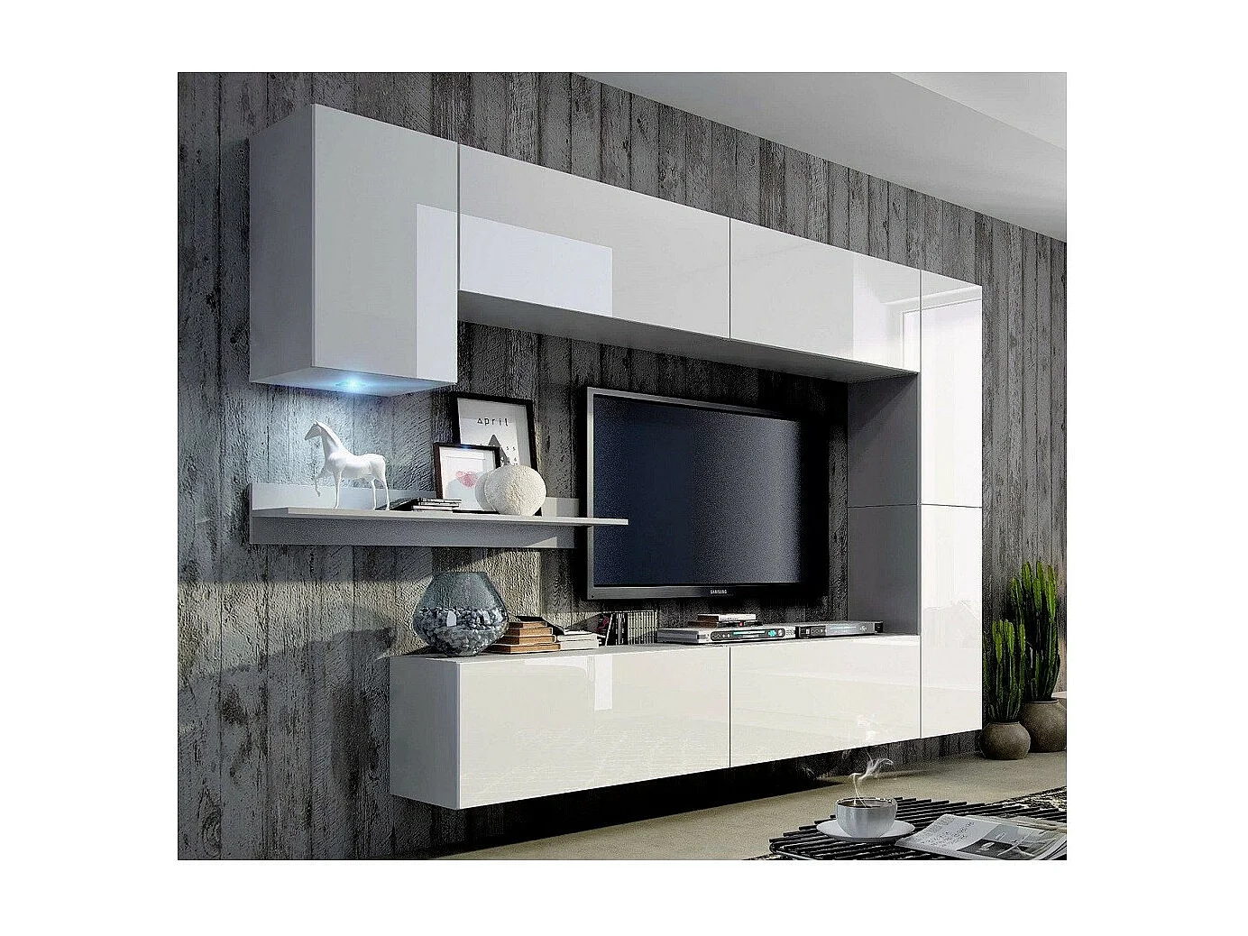 Conjunto de muebles de salón blancos colgantes colección CEPTO VI 256 cm, 7 puertas, 6 estantes, LEDs, modulares