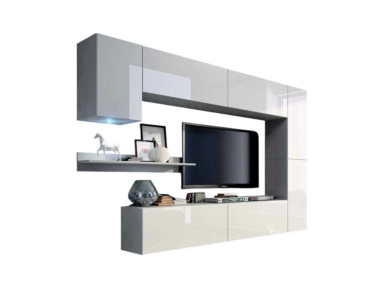 Ensemble meubles de salon blanc suspendus collection CEPTO VI 256 cm, 7 portes, 6 étagéres, LEDs, modulables
