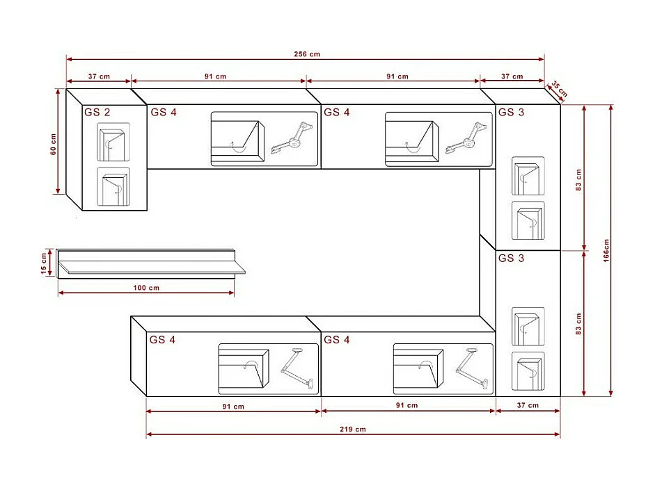 Witte hangende woonkamerset CEPTO VI 256 cm, 7 deuren, 6 planken, LED''s, modulair