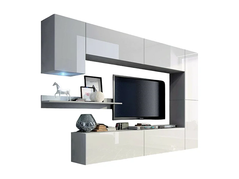 Ensemble meubles de salon blanc suspendus collection CEPTO VI 256 cm, 7 portes, 6 étagéres, LEDs, modulables