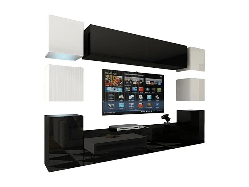Ensemble meubles de salon noir et blanc suspendus collection CEPTO XIV 256 cm, 10 meubles, LEDs, cube blanc