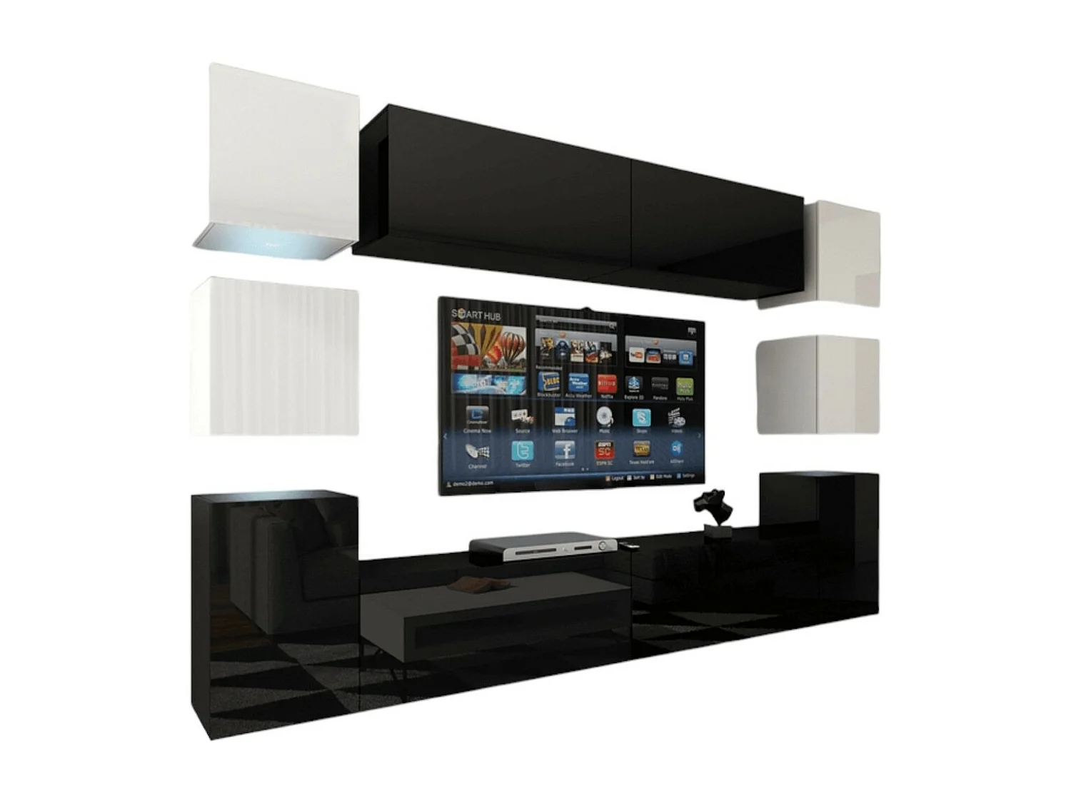 Set di mobili da salotto nero e bianco sospesi collezione CEPTO XIV 256 cm, 10 pezzi, LED, cubo bianco.