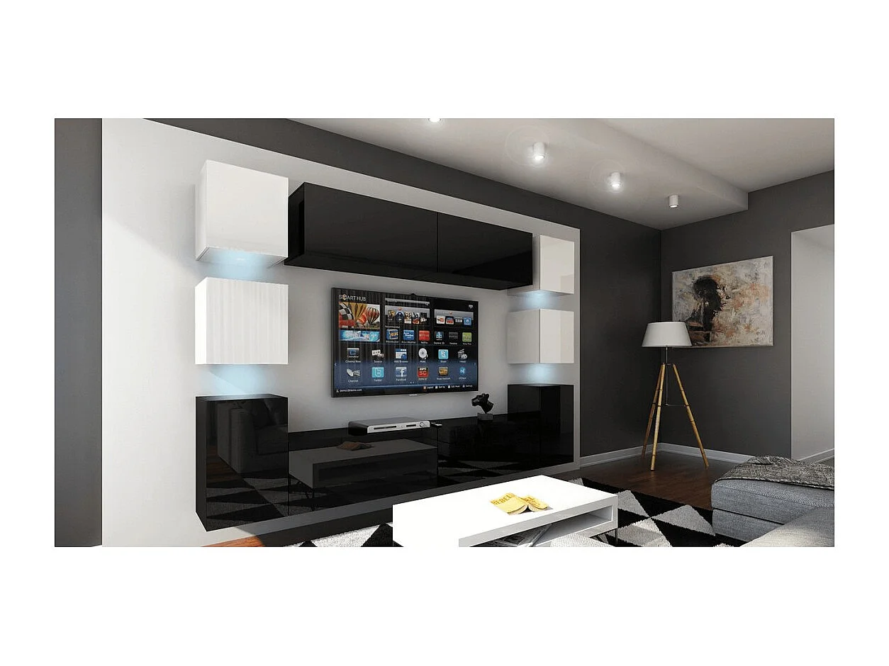 Set di mobili da salotto nero e bianco sospesi collezione CEPTO XIV 256 cm, 10 pezzi, LED, cubo bianco.