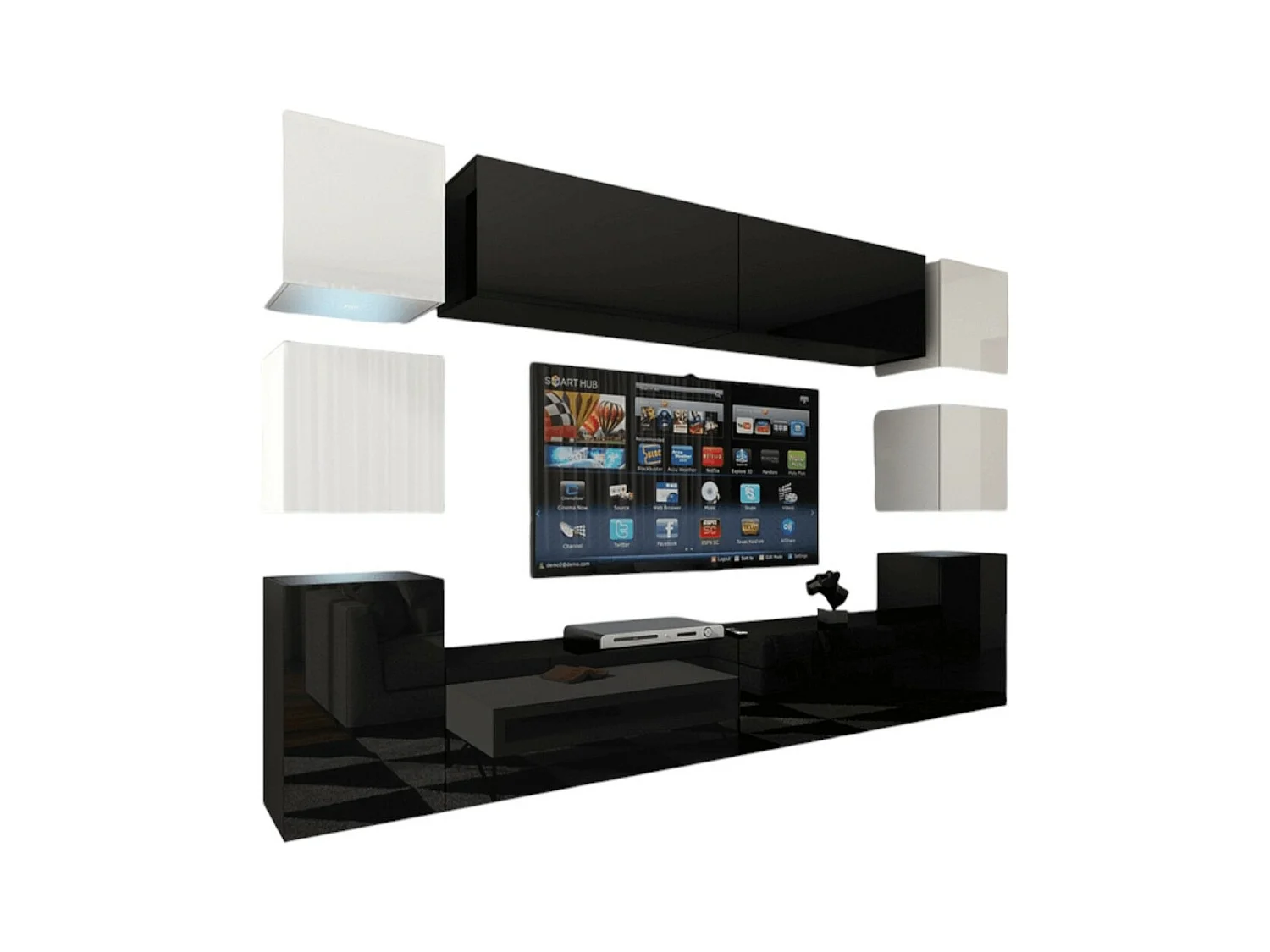 Ensemble meubles de salon noir et blanc suspendus collection CEPTO XIV 256 cm, 10 meubles, LEDs, cube blanc